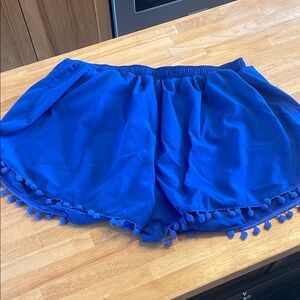 SHEIN High Waist Blue Pom-Pom Trim Shorts